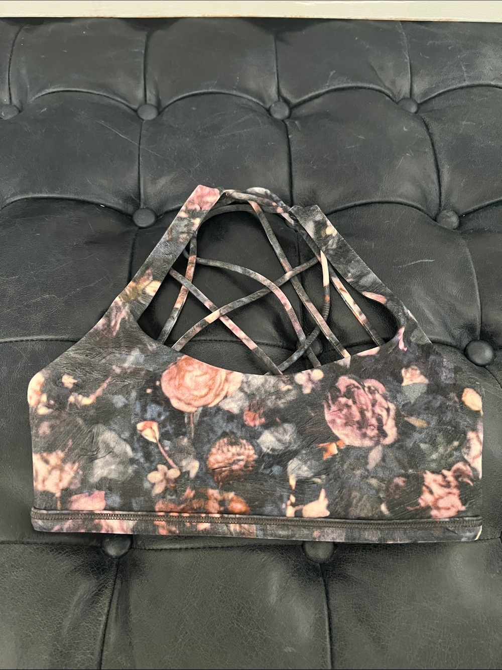 lululemon athletica Black Floral Strappy Sports Bra, size 2.